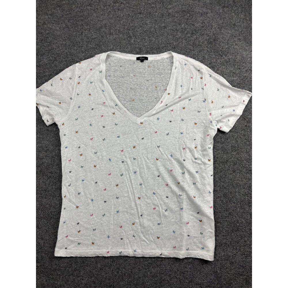 Rails Shirt Womens Large White Cara Rainbow Butterflies Linen Cotton V Neck